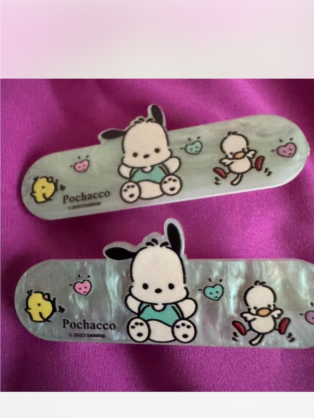 Sanrio Pochacco Iridescent Hair Clips in White, Black, Teal